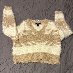 Forever 21 Cream and Tan V-Neck Sweater